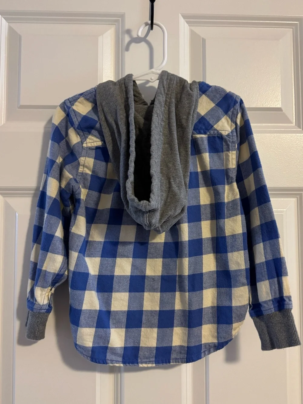 Hanna Andersson Hooded Flannel Jacket, blue and white plaid, size 4